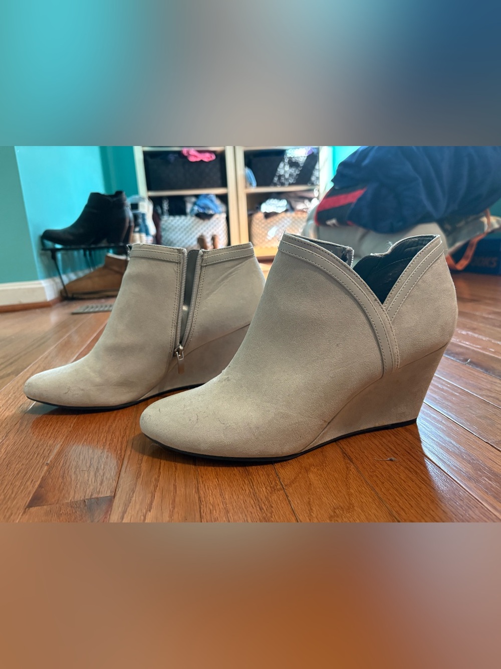 Women's Neutral Suede Wedge Ankle Booties - Beige